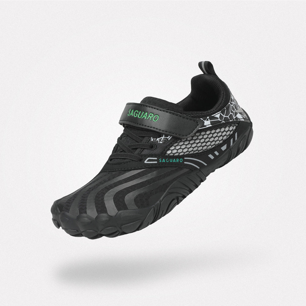 Kids trainers barefoot zero drop sole, wide toe box, 4mm sole, Saguaro Vitality Ⅰ black-velcro