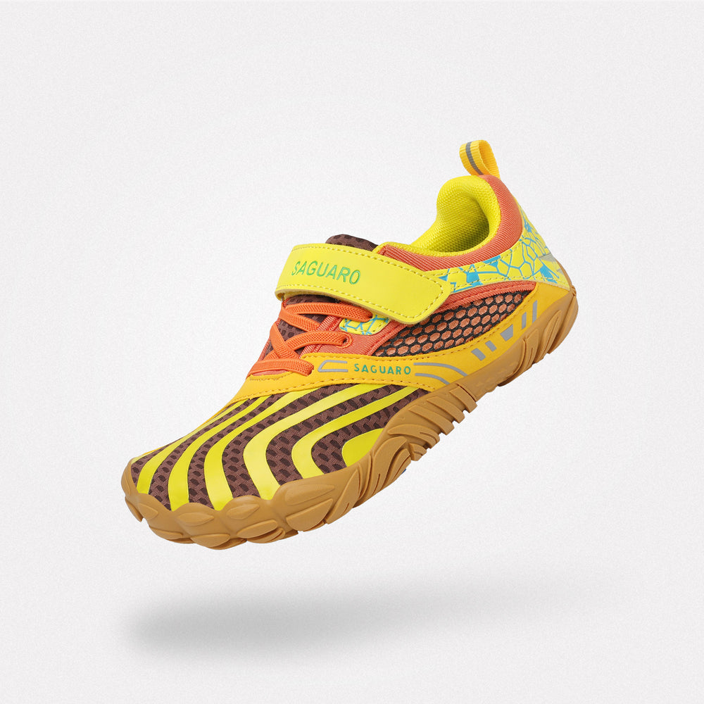 Kids running shoes barefoot zero drop sole, wide toe box, 4mm sole Saguaro Vitality Ⅰ gold-velcro