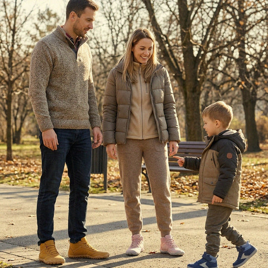 Family wearing barefoot winter boots for everyday winter walking