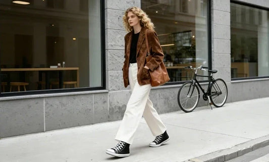 Woman wearing casual sneakers and standing confidently on a city street