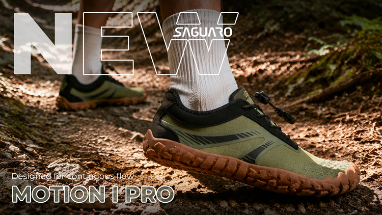 SAGUARO Motion I Pro barefoot running shoes on a forest trail